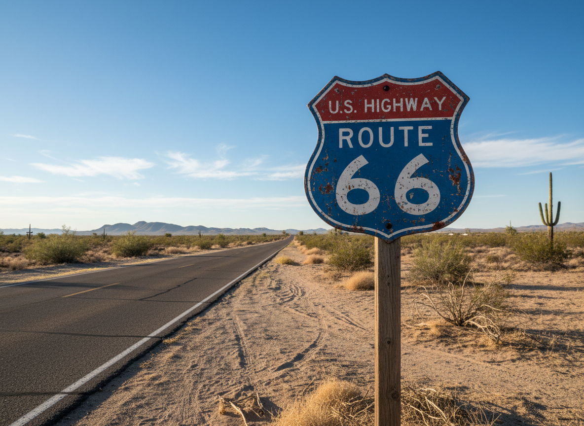 vintage Route 66 highway sign on an open desert road under a blue sky